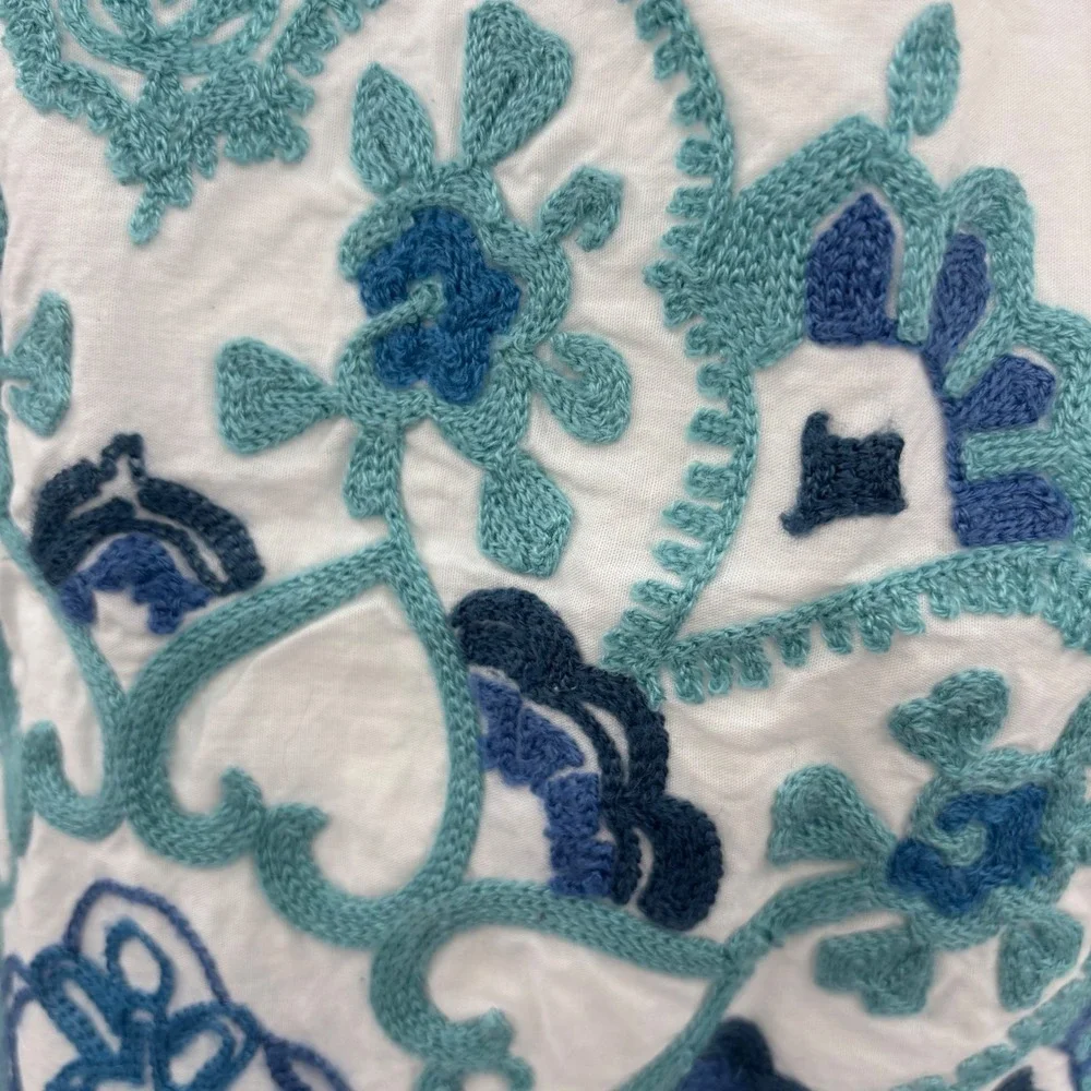 Anthology White Blue Medallion Embroidered Lumbar Pillow Cover Sham Boho Mandala